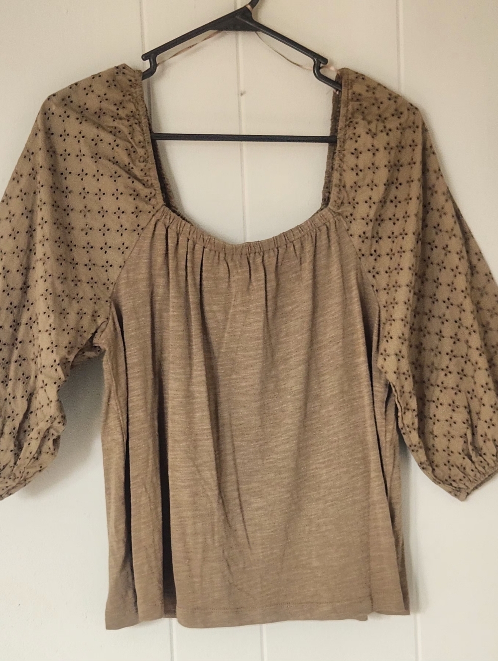 Sanctuary Beige Square-Neck Blouse with Patterned Puff Sleeves